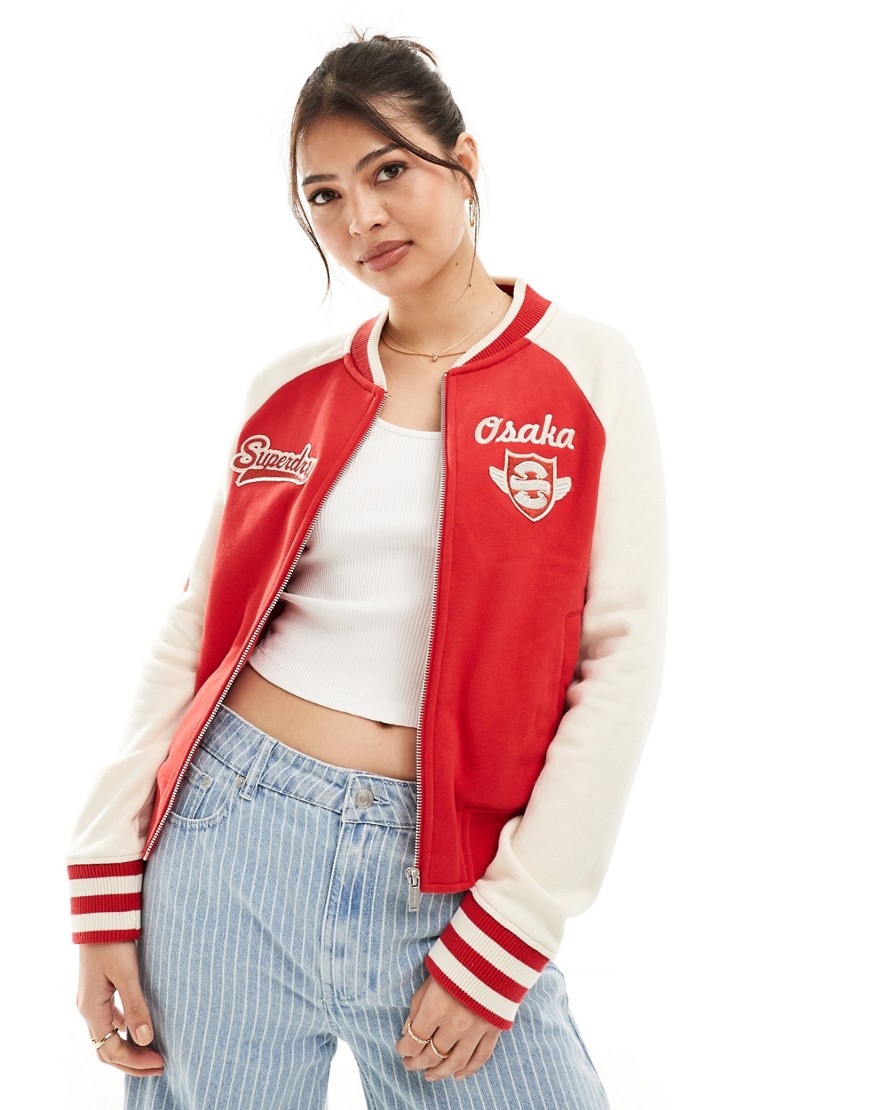Superdry College graphic jersey bomber in risk red/oatmeal