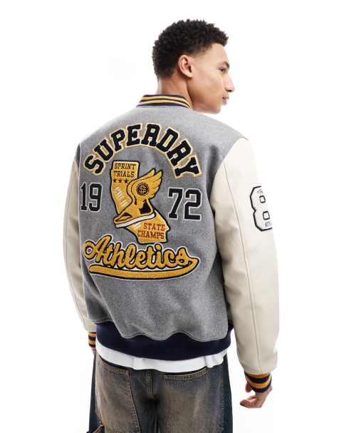 Superdry College patched bomber jacket in grey marl - view 1