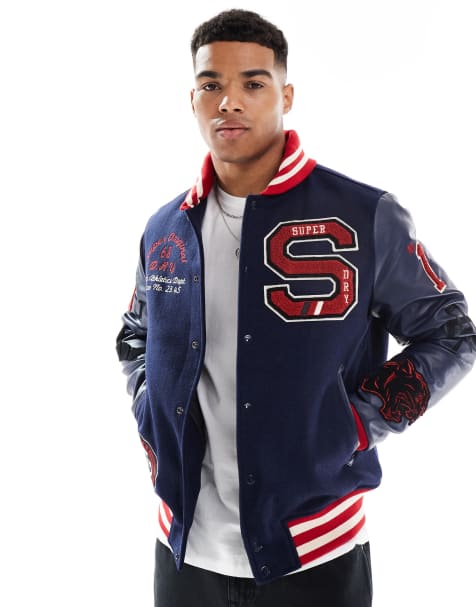 Superdry College varsity patched bomber jacket in atlantic navy 2 - view 1