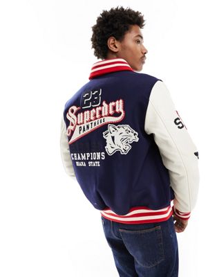 Superdry College varsity patched bomber jacket in atlantic navy
