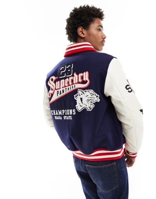 Men's College Varsity Patched Bomber Jacket in Atlantic Navy