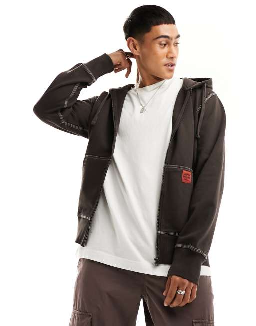 Superdry contrast stitch relax zip hoodie in Dusk Brown