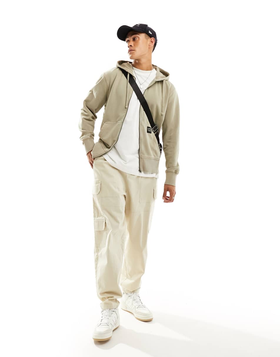Superdry contrast stitch relax zip hoodie in Vintage Khaki