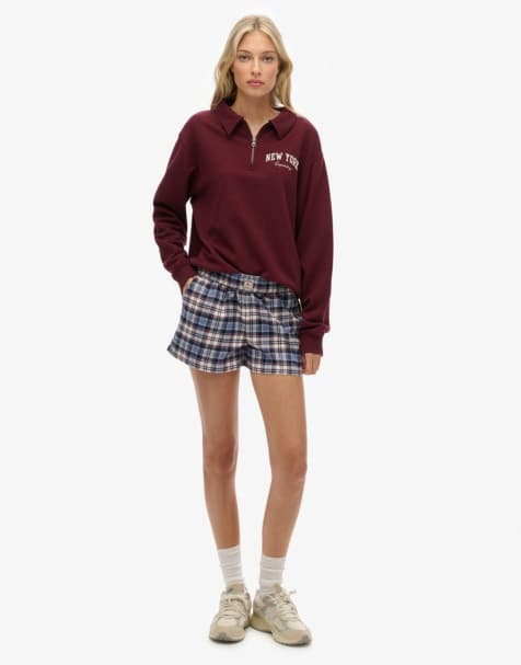 Superdry Cotton check elastic shorts in blue/red check - view 1