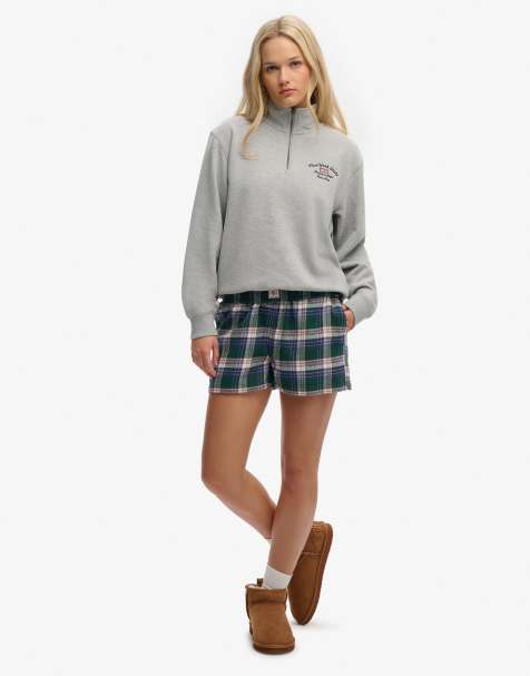Superdry Cotton check elastic shorts in green mix check - view 1