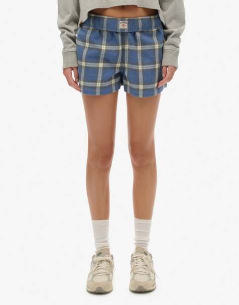 Superdry Cotton check elastic shorts in navy/green check - view 1