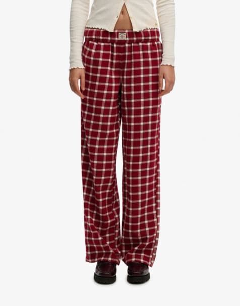 Superdry Cotton check elastic trousers in burgundy check