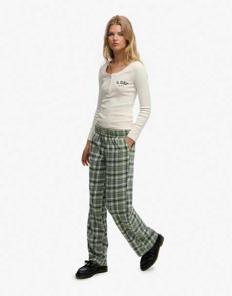 Superdry Cotton check elastic trousers in green check - view 1
