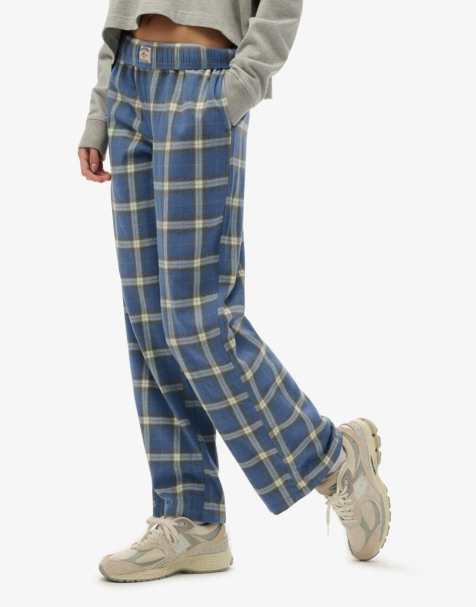 Superdry Cotton check elastic trousers in navy/green check