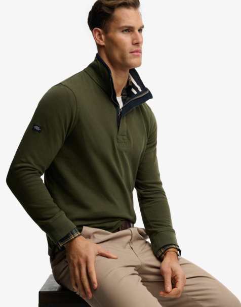Superdry – Cotton Classics – Jersey-Sweatshirt in Army-Khakigrün mit kurzem Reißverschluss - view 1
