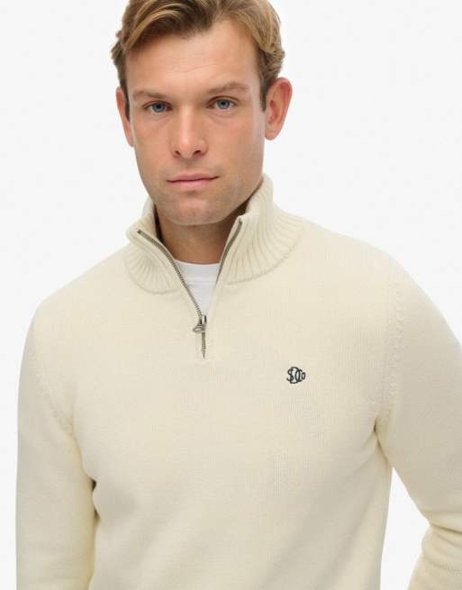 Superdry Cotton half zip knit jumper in cream, 3 of 6