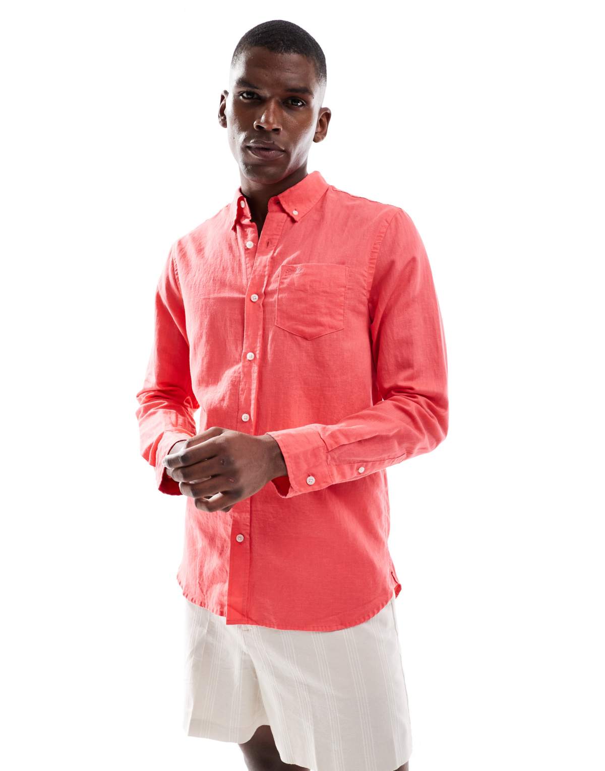 Superdry Cotton linen long sleeve shirt in paradise pink