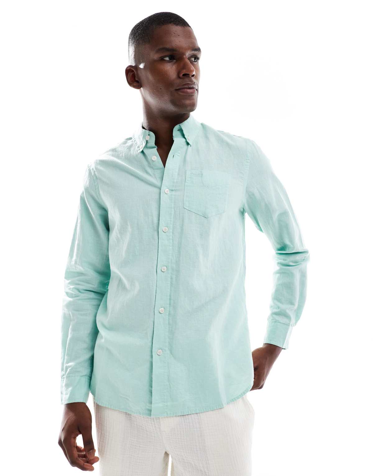 Superdry Cotton linen long sleeve shirt in sea foam green