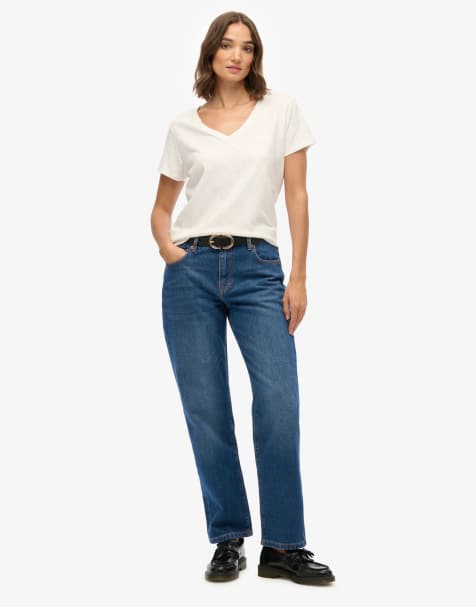 Superdry Cotton mid rise straight jeans in deep indigo denim