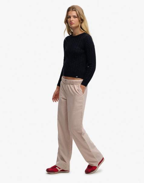 Superdry Cotton stripe elasticated trousers in bordeaux red stripe