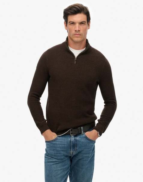 Superdry Cotton texture half-zip jumper in dark brown/black - view 1