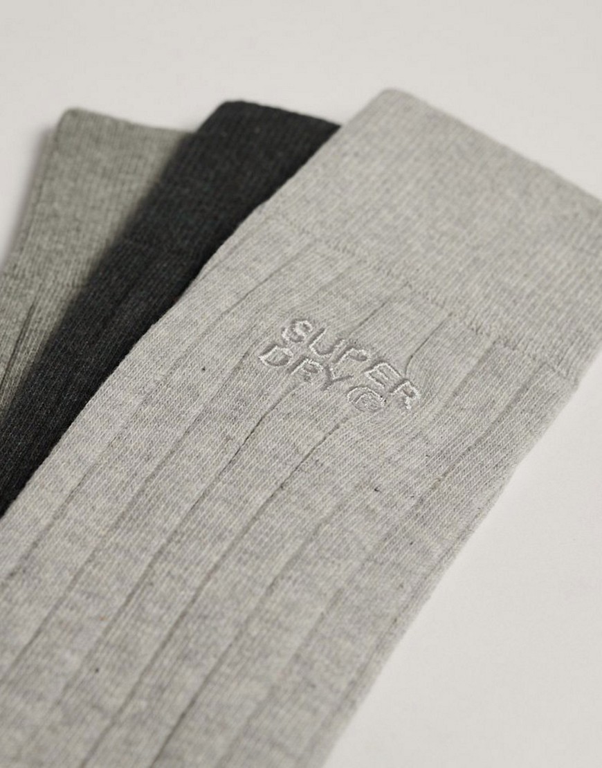 Superdry Cotton unisex core rib crew sock 3 pack in charcoal grey marl