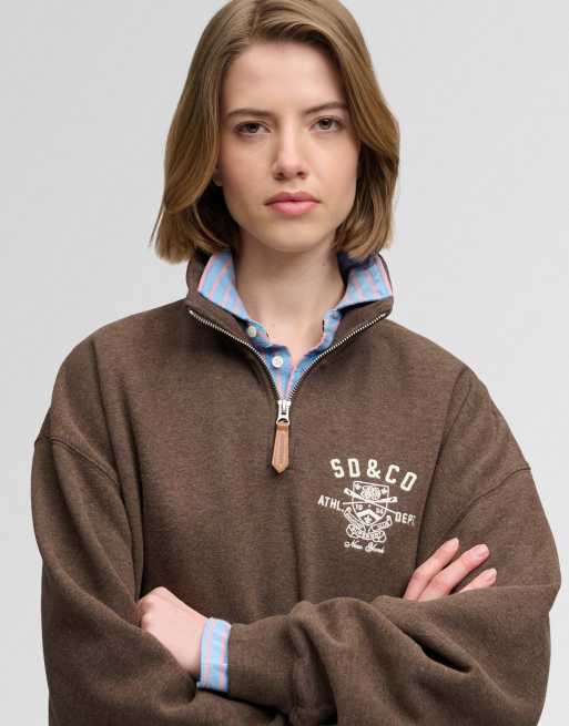 Superdry Country club half zip sweatshirt in dark chocolate brown marl, 3 of 6