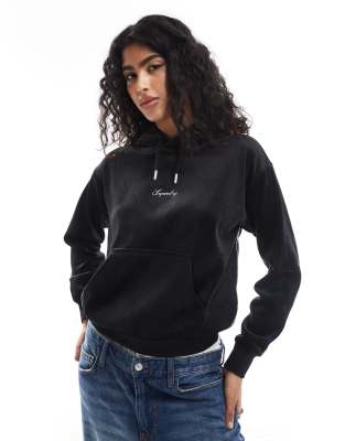 Superdry - Country Club - Locker geschnittener Kapuzenpullover aus Velours in Schwarz