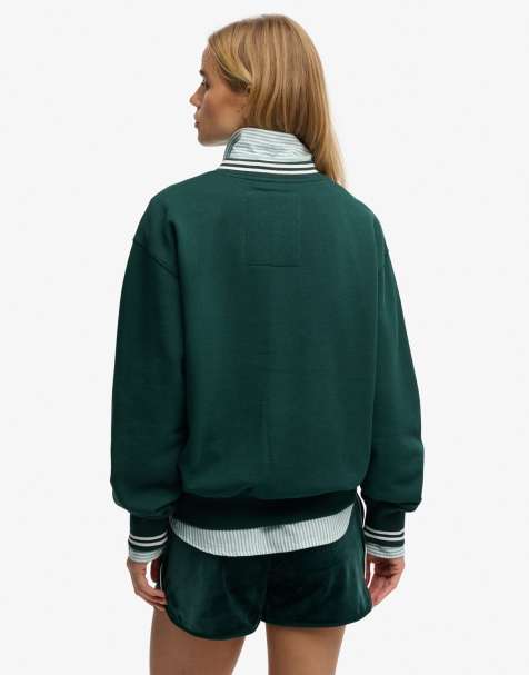 Superdry Country club loose v-neck sweatshirt in dark pine green