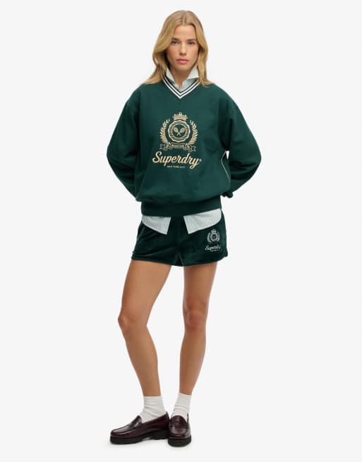 Superdry Country club loose v-neck sweatshirt in dark pine green, 4 of 4