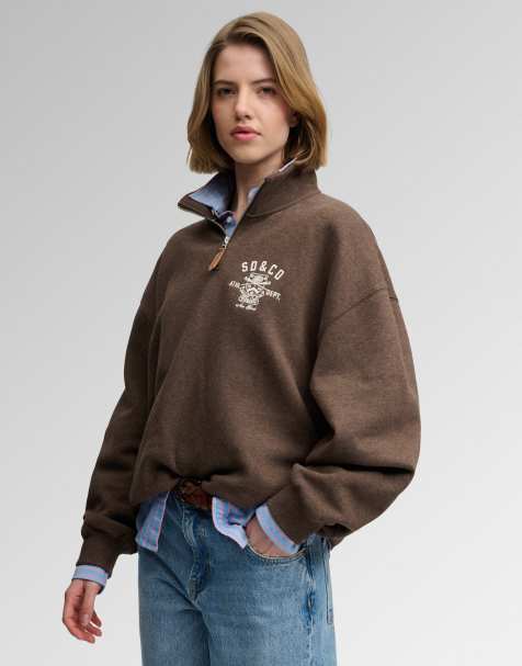 Superdry Country Club Sweatshirt mit halbem Reißverschluss in dunkel schokobraun meliert - view 1