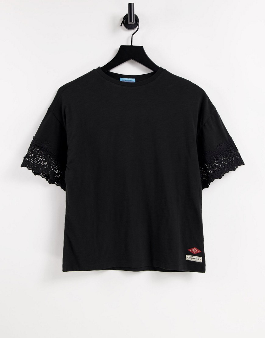 Superdry crafted folk lace trim T-shirt in black