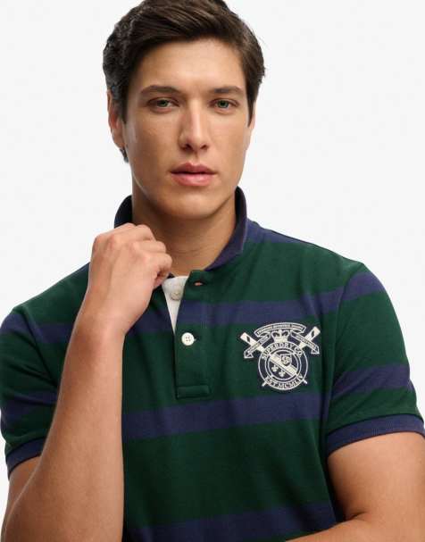 Superdry Crest stripe polo shirt in green/navy stripe