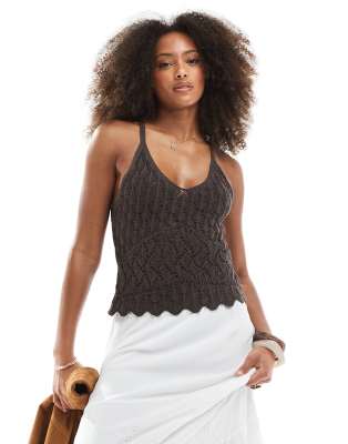 Superdry Crochet cami top in dark oak brown