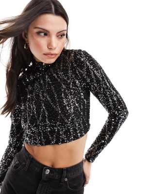  Superdry - Crop top avec manches longues à sequins - Noir | ASOS