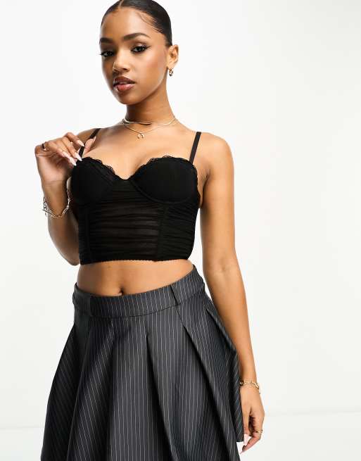 Superdry - Crop top corset en tulle froncé - Noir