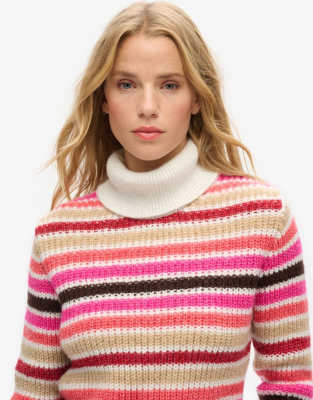 Superdry - Cropped Rollkragenpullover in gestreiftem Ecru-Rosa