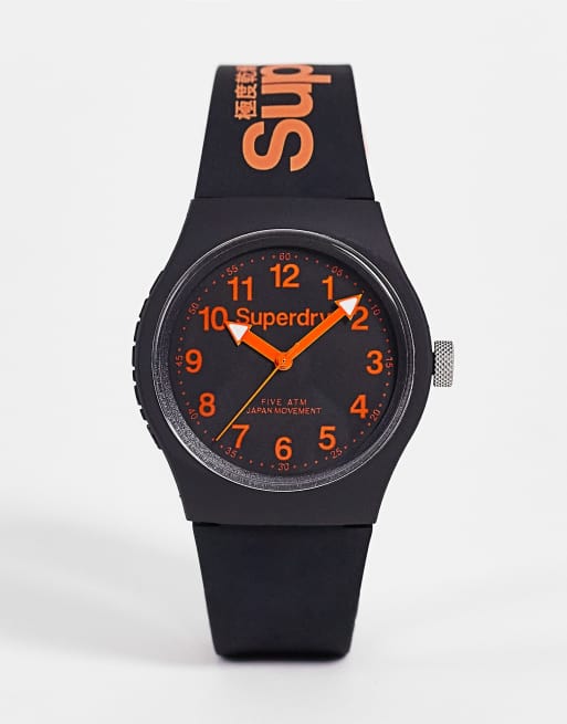 Superdry – Czarno-pomarańczowy zegarek z silikonowym paskiem