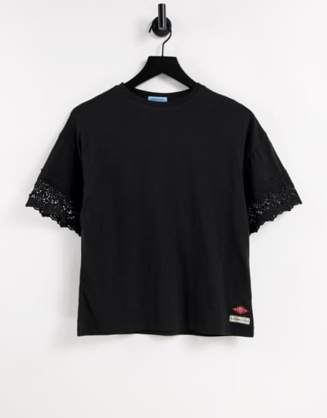 Superdry – Czarny T-shirt z koronkowym wykończeniem - view 1