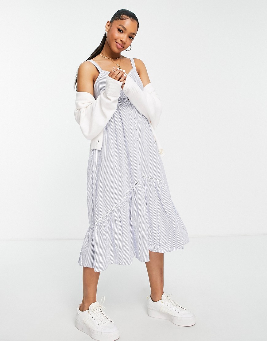 Superdry Daisy button front striped midi dress in blue-Blues