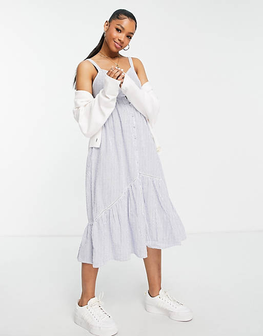 Superdry Daisy button front striped midi dress in blue