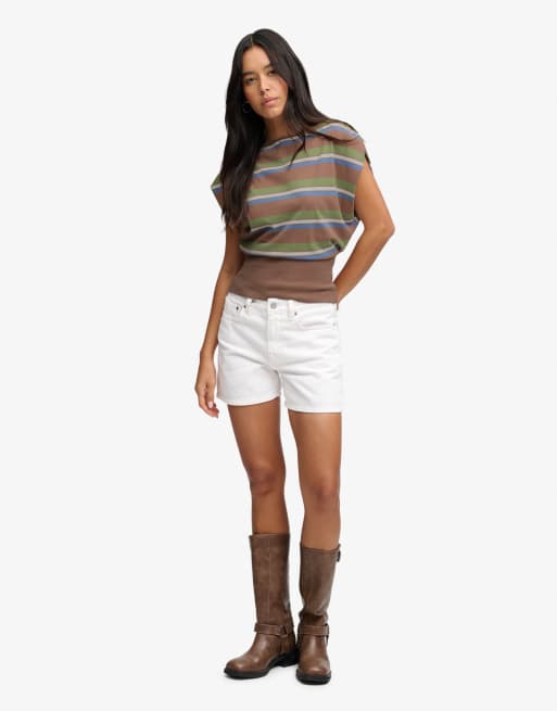 Superdry Deep rib stripe bardot top in brown green stripe, 4 of 6