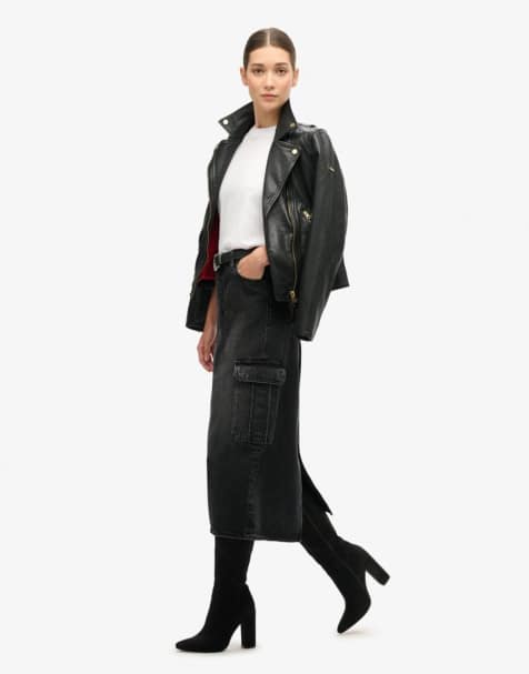 Superdry Denim cargo pocket midi skirt in black denim