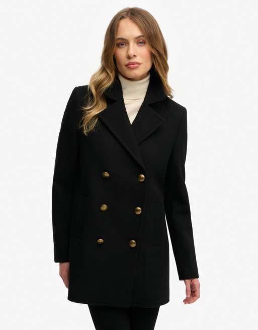 Superdry Double breasted pea coat in black, 2 of 6