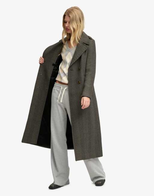 Superdry Double breasted wool blend coat in ivory/black herringbone, 3 of 7