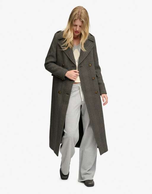 Superdry Double breasted wool blend coat in ivory/black herringbone, 4 of 7