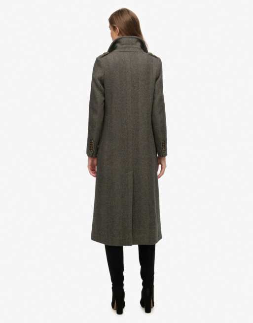 Superdry Double breasted wool blend coat in ivory/black herringbone, 5 of 7