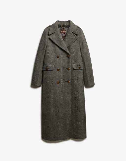 Superdry Double breasted wool blend coat in ivory/black herringbone, 7 of 7