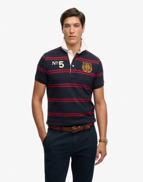 Superdry Double emblem jersey short sleeve rugby polo top in navy/red chest band stripe - view 1