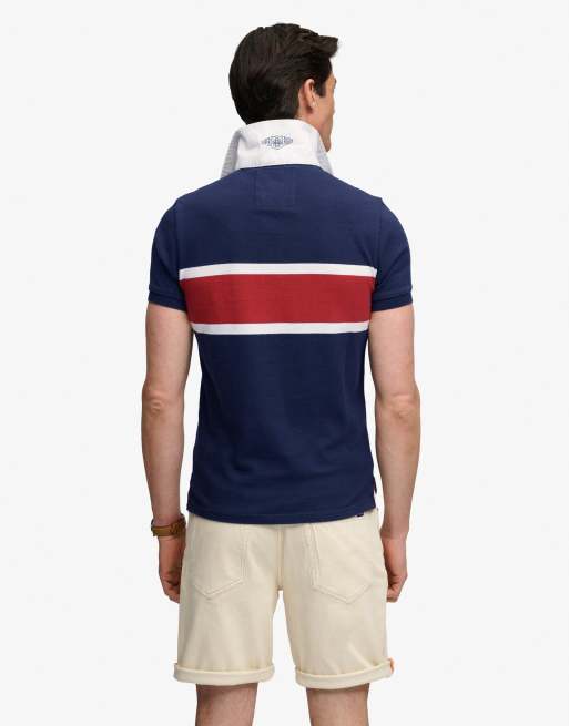 Superdry Double emblem jersey short sleeve rugby polo top in navy/red chest band stripe, 2 of 5