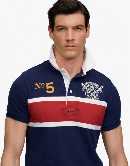 Superdry Double emblem jersey short sleeve rugby polo top in navy/red chest band stripe, 3 of 5