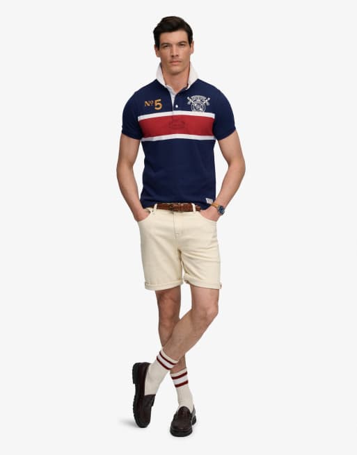 Superdry Double emblem jersey short sleeve rugby polo top in navy/red chest band stripe, 4 of 5