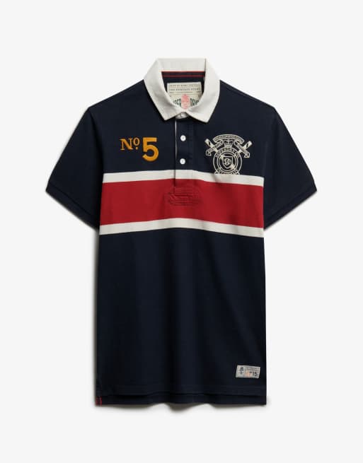 Superdry Double emblem jersey short sleeve rugby polo top in navy/red chest band stripe, 5 of 5