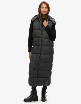 Superdry - Doudoune sans manches coupe longue en ripstop effet quadrillé avec capuche - Noir