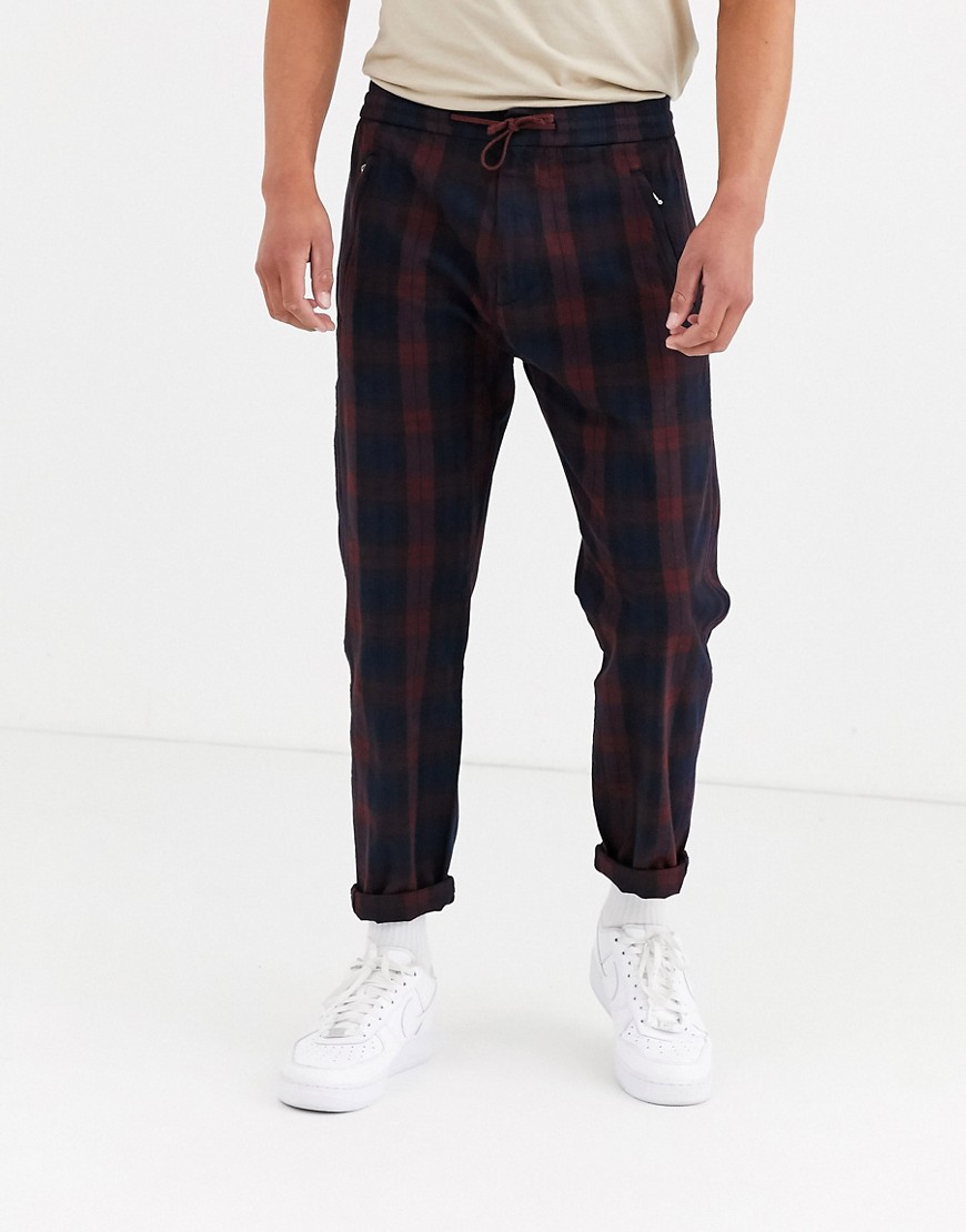 Superdry Edit tapered drawstring checked trousers in red